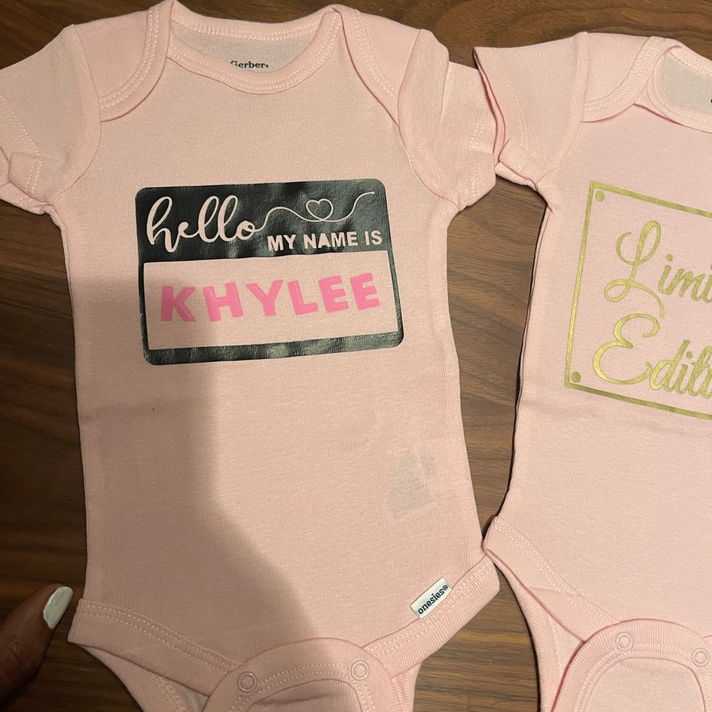 Personalized baby onesies “hello my name is” with your baby’s name added.